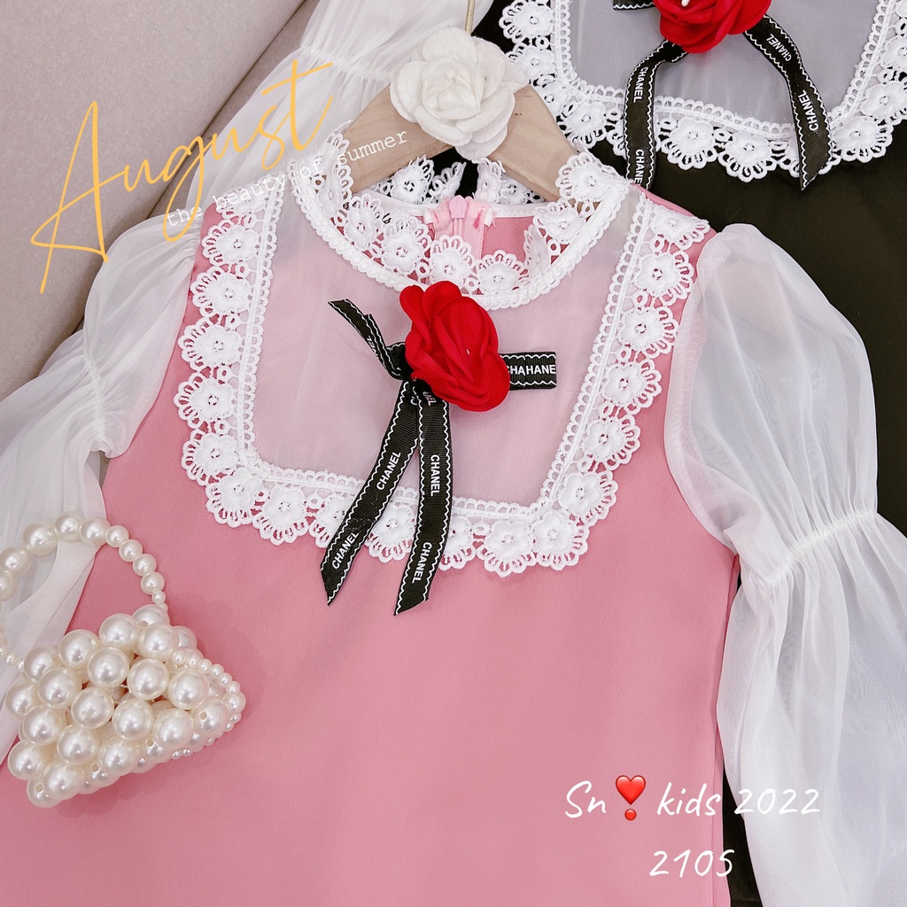 Váy cho bé gái, váy tiểu thư vải chéo hàn phối cổ ren và hoa trà đỏ cho bé size 12-32kg