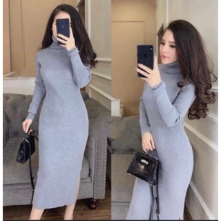 VÁY đầm LEN TĂM BODY CỔ LỌ, XẺ TÀ bên hông