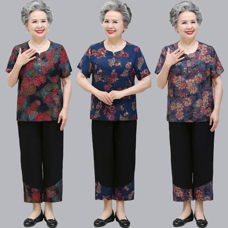 ☸♟Bộ đồ ngắn tay cotton lụa mùa hè của bà 60-70-80 tuổi mẹ trung niên và người già mặc cho