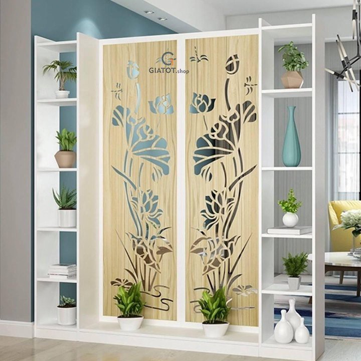 Bộ 2 vách ngăn gỗ MDF liền 2 kệ hình sen trang trọng GTS336 bằng gỗ CNC cao cấp chống mối,mọt