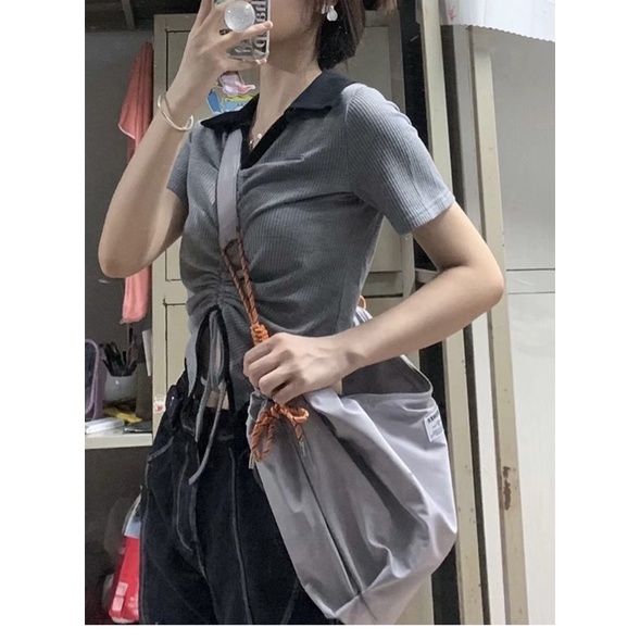 Áo Croptop Ghi cổ sơ mi dây rút ngực giữa Form đẹp phong cách năng động trẻ trung