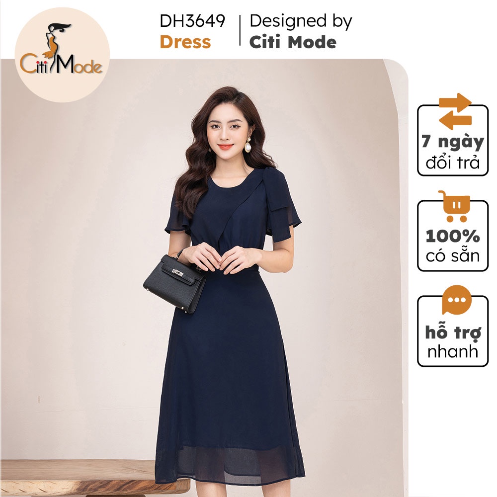Đầm xoè voan xanh than nơ vai DH3649