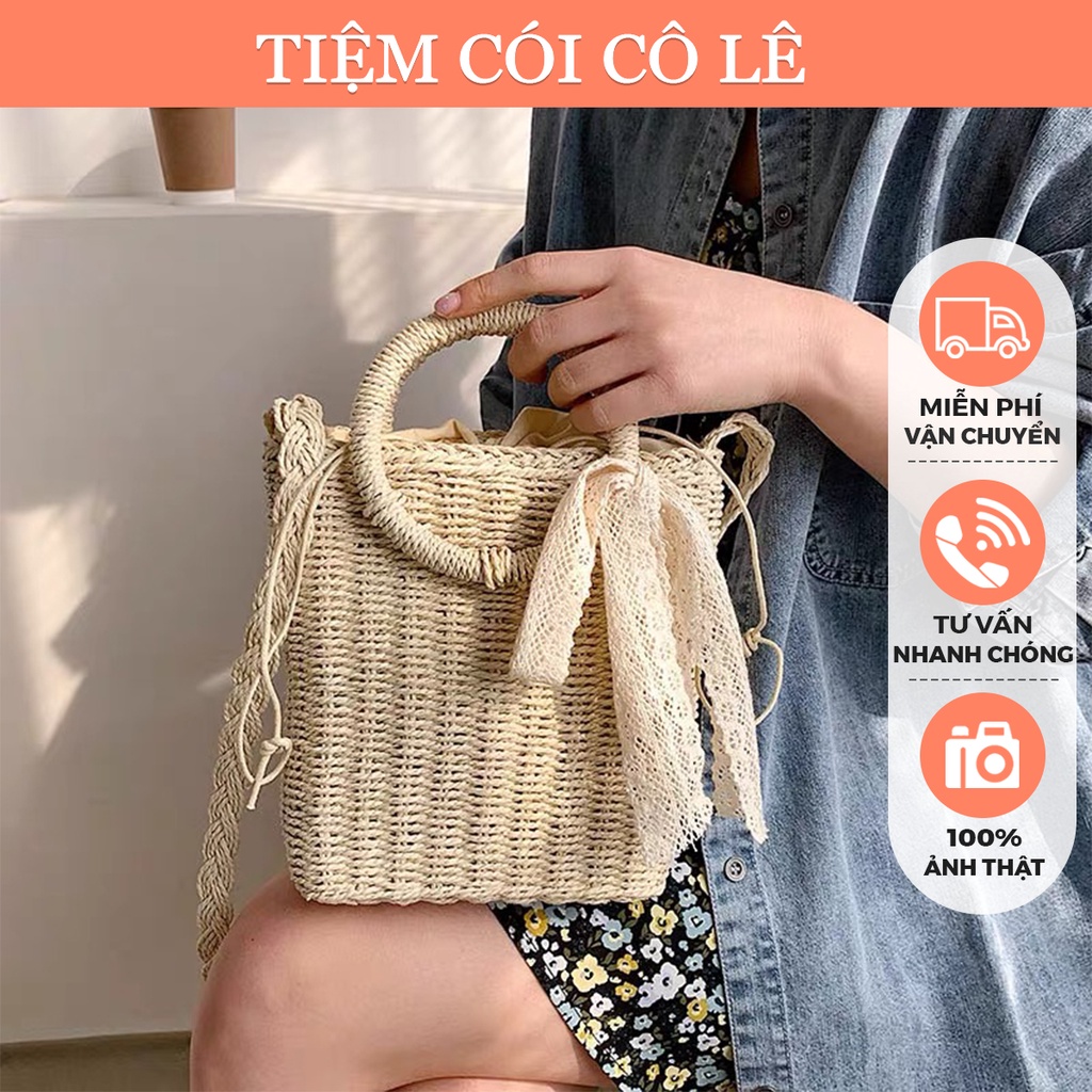 Túi cói đi biển dáng hộp đính nơ ren phong cách retro - Tiệm Cói Cô Lê