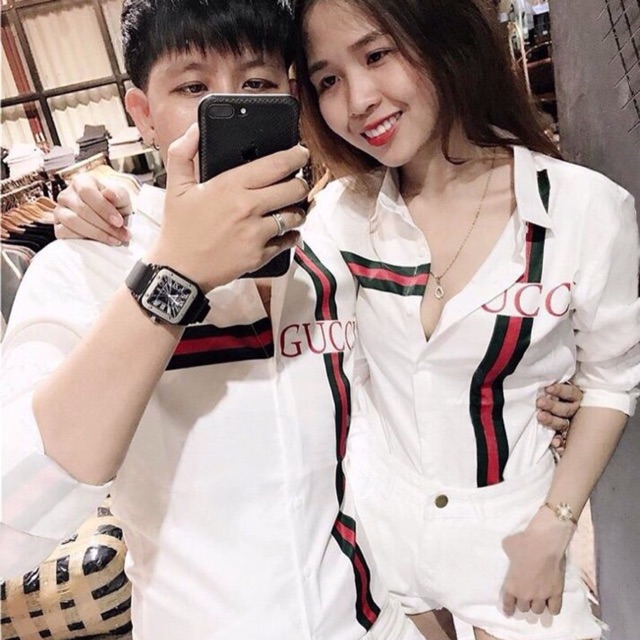 Áo sơ mi cặp dài tay thời trang họa tiết sọc chữ Gci