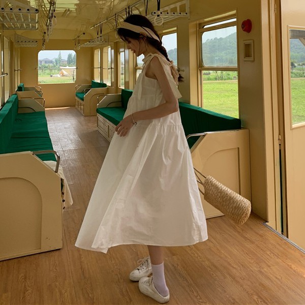 Đầm babydoll hai dây thô buộc vai bản to phong cách Ulzzang Hàn Quốc (Video Unbox)