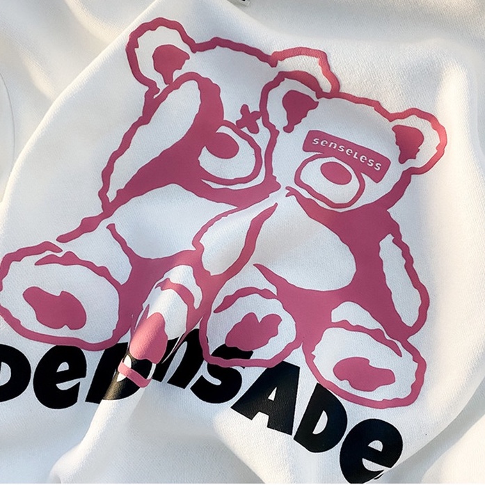 Áo hoodie ZHELIHANGFEI tay dài dáng rộng in hình gấu phong cách Preppy