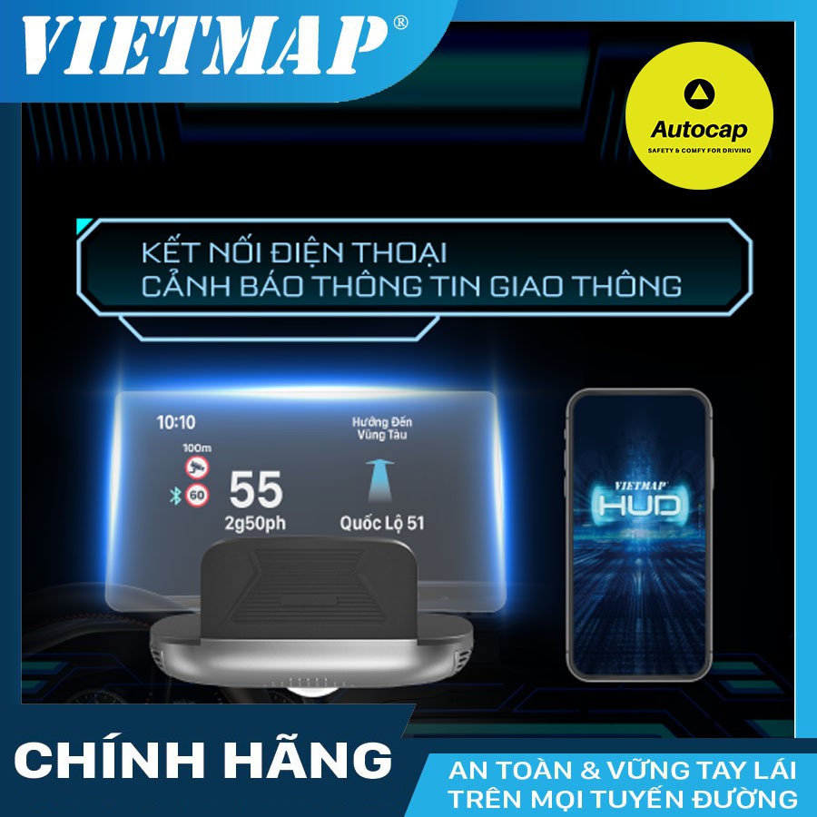 VIETMAP HUD H1AS Màn Hình Hiển Thị Thông Tin Xe Hơi có Cảnh báo thông tin giao thông dẫn đường và theo dõi áp suất lốp