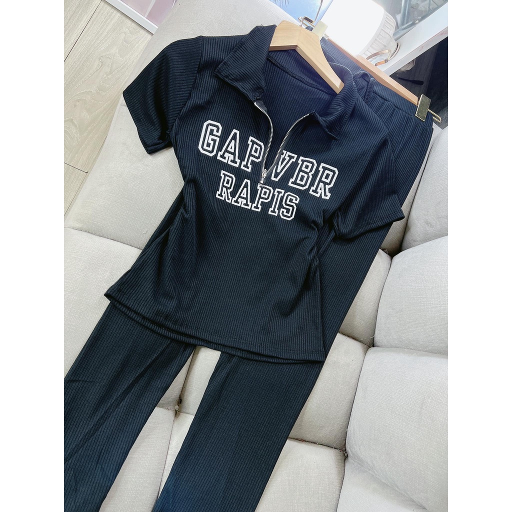 Đồ bộ nữ, set đồ bộ quần Legging đai cao và áo ôm ngắn tay cổ sơ mi có dây kéo vải thun cotton gân borip dầy dặn