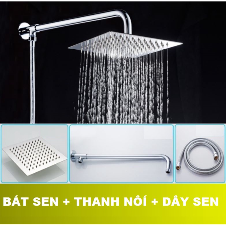 Đủ bộ bát sen VUÔNG  tắm đứng kèm dây nối bằng Inox sáng bóng tiện lợi gồm bát sen cần treo bát và dây sen