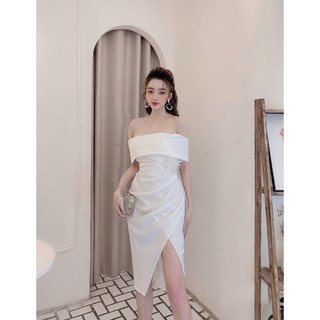 (Beutii) Đầm Body Ôm Eo Trễ Vai Nhúng Tà - Vải Phi Lụa - LU18 - 3 Màu Trắng, Đen, Hồng - Dành Cho Nàng Đi Tiệc, Sự Kiện