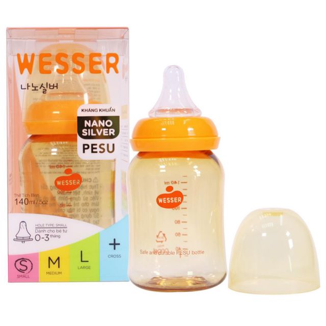 Bình sữa Wesser Pesu Nano sủ dụng Núm vú cổ hẹp 140ml