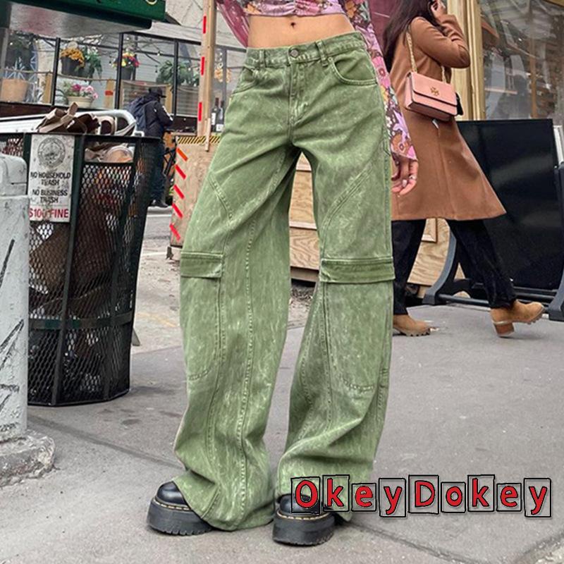 Odokey Quần Baggy Lưng Thấp Phối Túi Phong Cách Vintage Cho Nữ