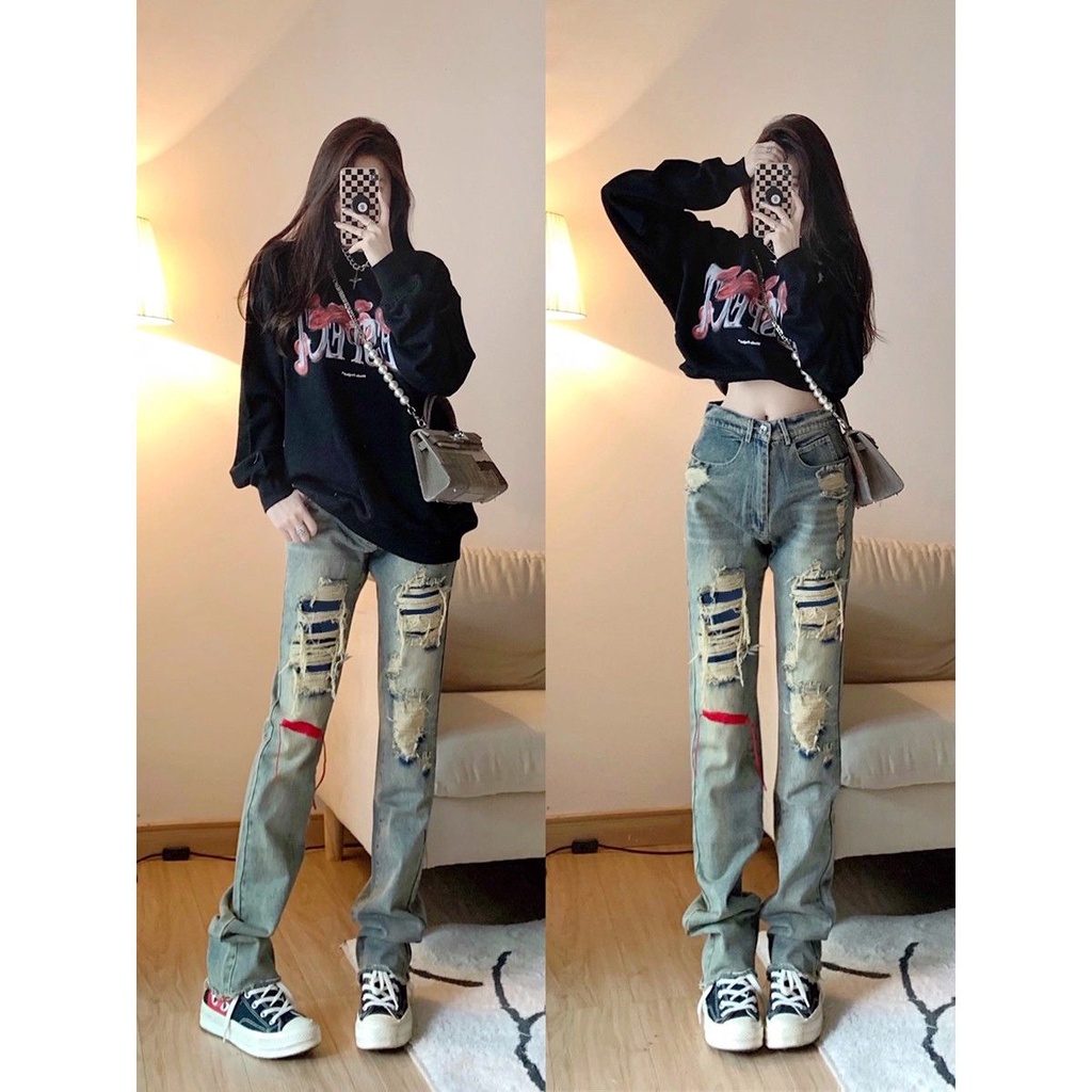 Jiashucheng Quần Jean Dài Lưng Cao Dáng Suông Rách Màu Xanh Dương Phong Cách Đường Phố Mỹ Thời Trang Xuân Thu Cho Nữ
