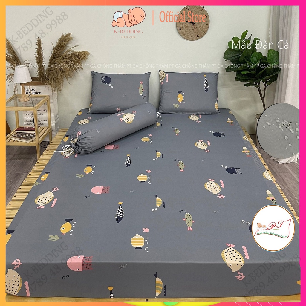 Bộ ga chống thấm cotton cho bé, drap chống thấm nước cao cấp kèm vỏ gối đầu và vỏ gối ôm mềm mịn mát (mẫu đàn cá)