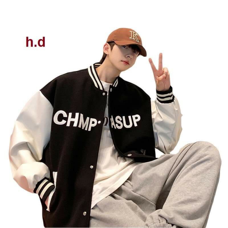 Áo Khoác Bomber CHA, A01 cúc bấm nam nữJacket Unisex Chất nỉ vs gió Form &lt;55kgÁo Bóng Chày Phong cách Thể thao