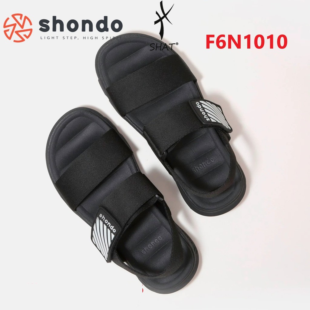 Giày sandal Shondo nam nữ đi học F6 đế bằng quai ngang đen trắng F6N1010