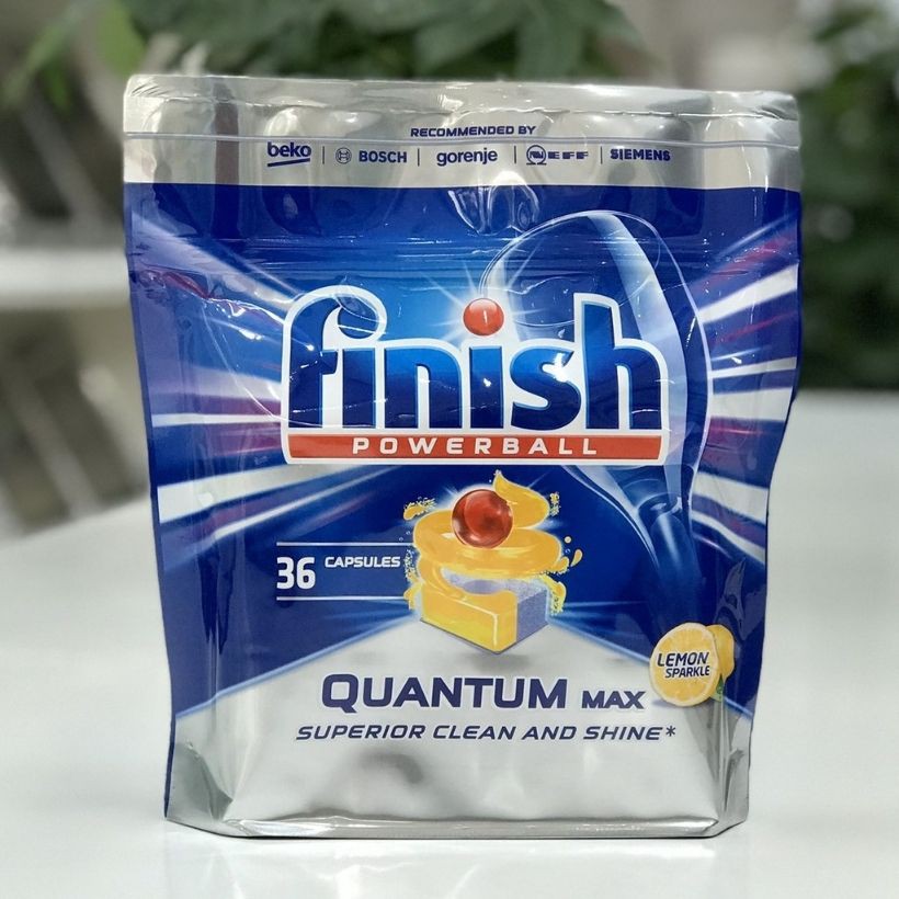 Viên rửa chén bát Finish Quantum Max. Túi 36 viên. Viên rửa bát mạnh nhất. Làm sạch các loại thức ăn bám lâu trôi.