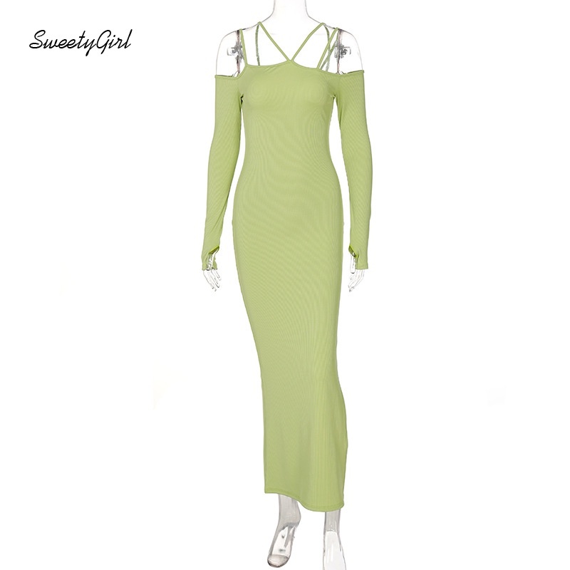 Đầm midi tay dài hở vai màu trơn thời trang quyến rũ cho nữ