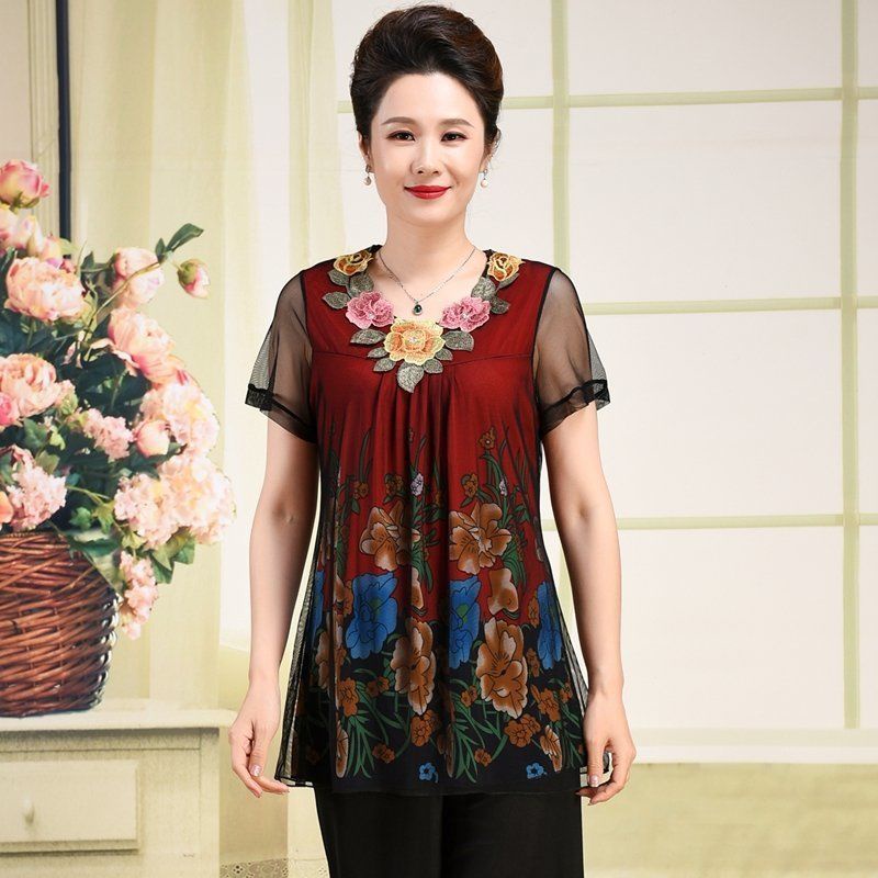 ☇✔Mom mùa hè áo phông rộng rãi phụ nữ trung niên hai mảnh phù hợp với người và lớn tuổi