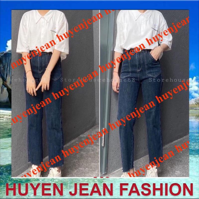 quần jean nữ ống đứng cạp cao co giãn 2 túi trước
