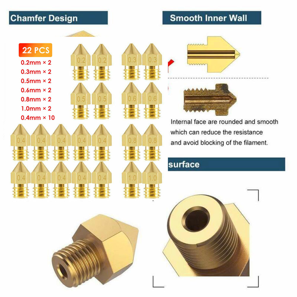 Bộ 22 Đầu Vòi Phun 1.75mm Bằng Đồng Thau 0.2mm-1.0mm Cho Máy In 3d