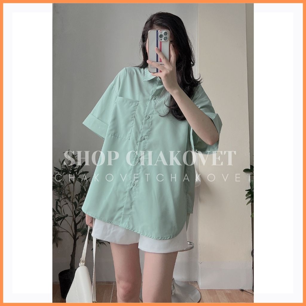 Áo kiểu nữ cộc tay babydoll form rộng A8211 xẻ tà bánh bèo túi ngực ulzzang hàn quốc màu xanh trắng cao cấp - CHAKOVET