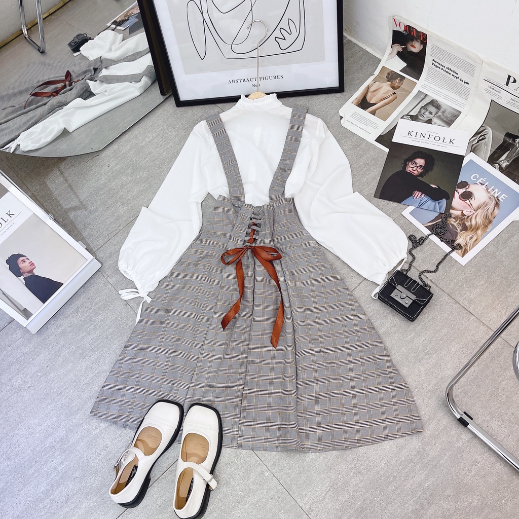 SET YẾM ĐAN DÂY RUY BĂNG CARO LƯNG + ÁO TRẮNG ANGI HOME