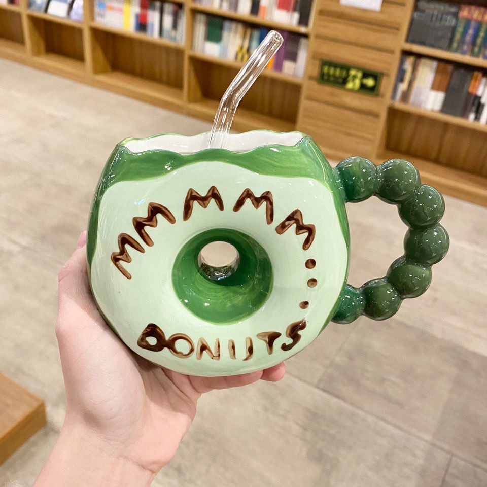 Cốc Sứ Hình Bánh Donut Hoạt Hình Sáng Tạo Với Ống Hút Cao Độc Đáo Cho Cặp Đôi Trẻ Em