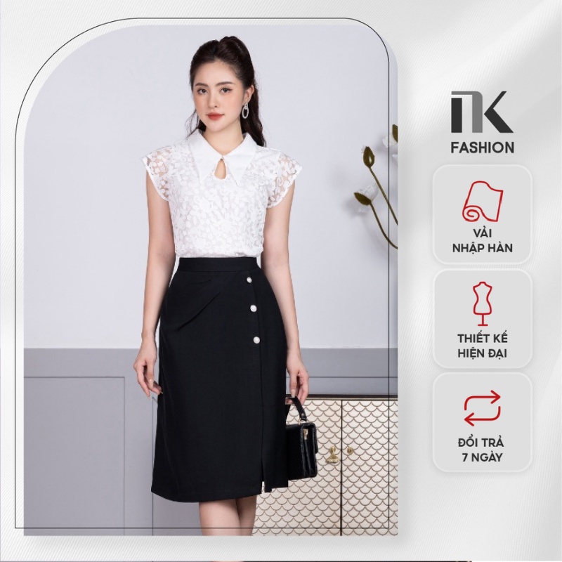Áo Sơ Mi Ren Vai Chờm Cổ Kiểu NK FASHION Thiết Kế Ngắn Tay, Thanh Lịch, Sang Trọng NKSM2206014