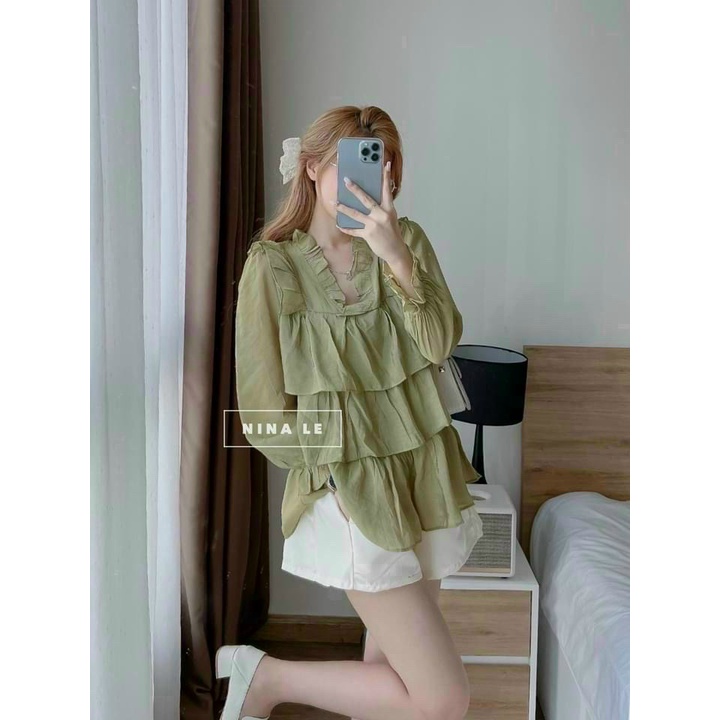 Sét Bộ 2 Món Quần Đùi Trắng Phối Áo Lụa Xếp Tầng Bánh Bèo Dễ Thương [NEW UNISEX]