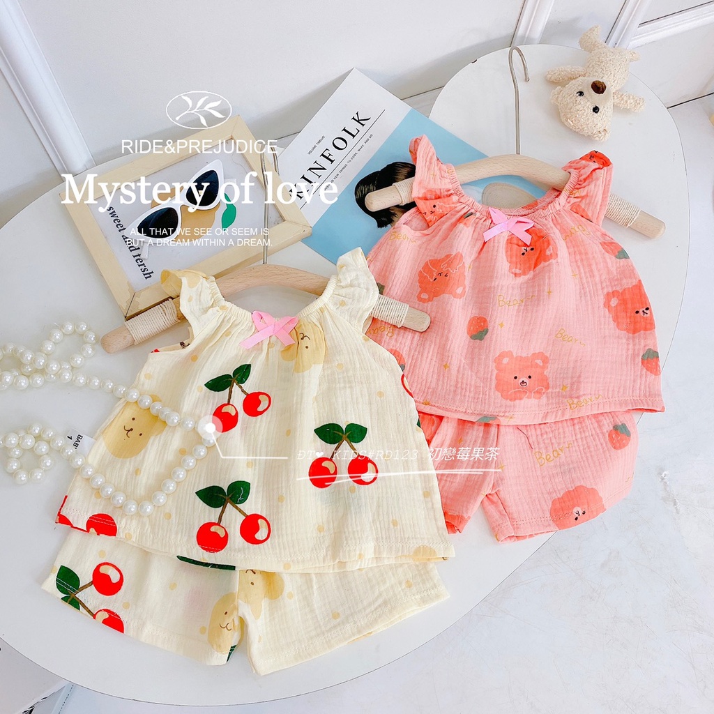 Bộ Đồ Cộc Tay Xô Muslin Bé Gái 5-16kg Tay Bèo Chất Mềm Mát Hoạ Tiết Xinh, Bộ Đi Chơi, Mặc Nhà Cho Bé - AN.KID