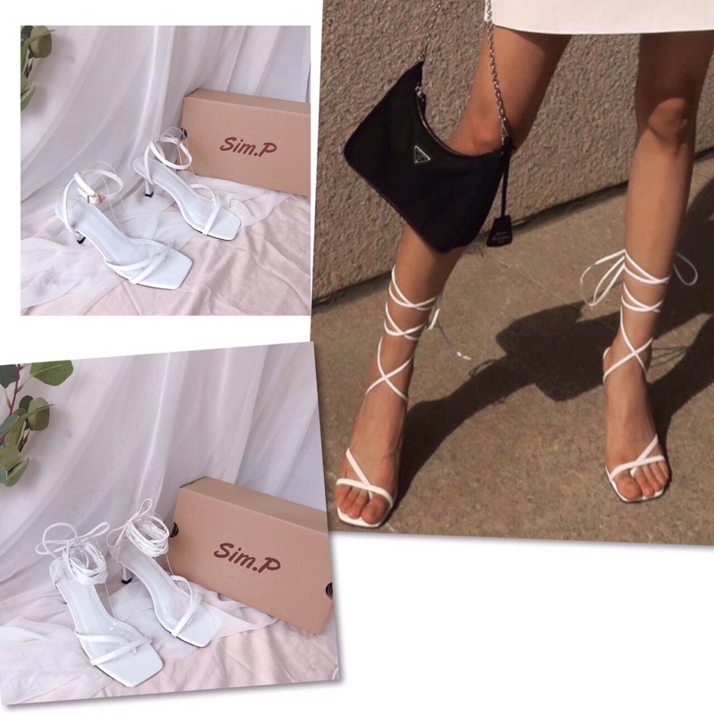 Giày sandal cao gót phối dây da rắn quấn cổ chân sang chảnh
