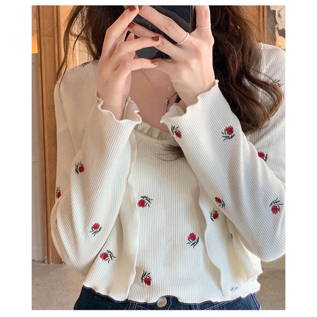 Set áo len mỏng thêu hoa ulzzang