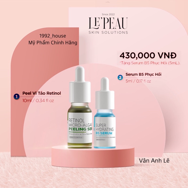 Peel da retinol vi tảo Le'Peau 10ml, Serum giảm mụntái tạo da sinh học, tặng kèm Serum B5 phục hồi sau 7 ngày