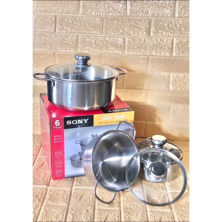 Bộ nồi inox 3 nồi 6 món nắp kính cường lực size 16, 18, 24cm