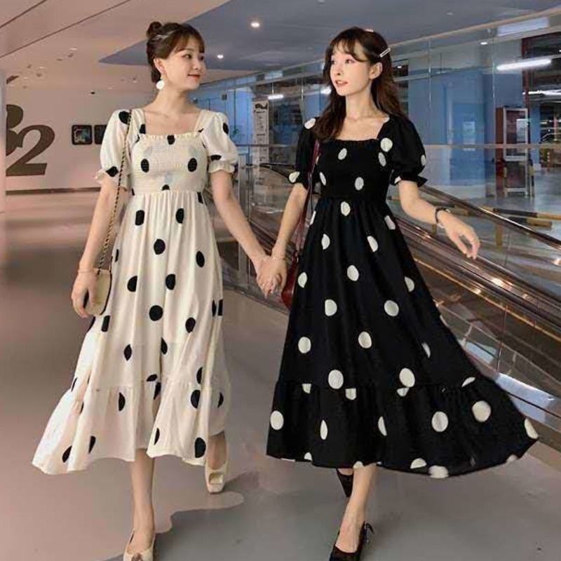 Đầm Tay Ngắn Họa Tiết Chấm Bi Dễ Thương 164182 Đầm Chiffon Dài Qua Gối Cổ Vuông Lưng Cao Thời Trang Cho Nữ