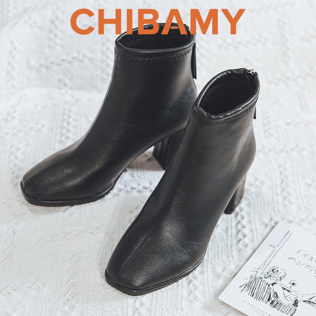 Bốt nữ cổ lửng, da mềm Lót Nhung CHIBAMY cao 7cm, khóa sau Full Box