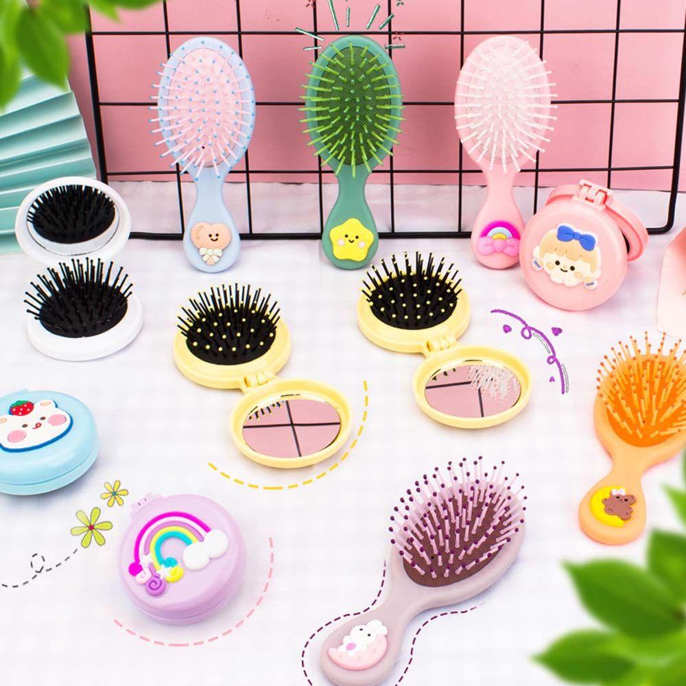 Lược Chải Tóc Mát Xa Da Đầu Kèm Gương Tròn Mini Gấp Gọn Tiện Lợi