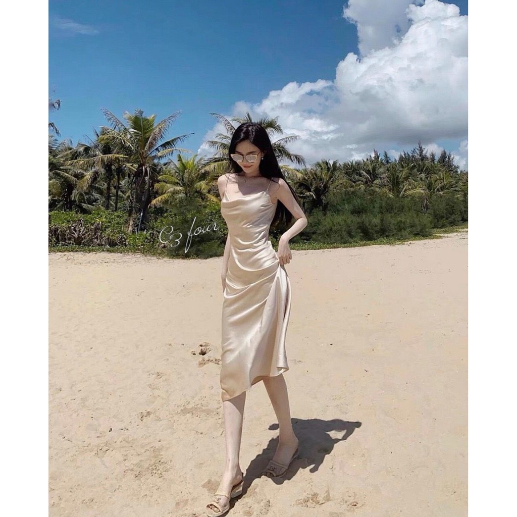 Đầm midi 2 dây cổ đổ hở lưng nude