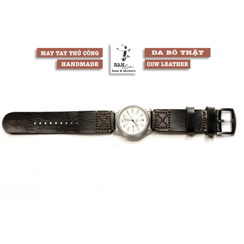 Dây đồng hồ RAM Leather vintage SX Pilot da bò đen cao cấp