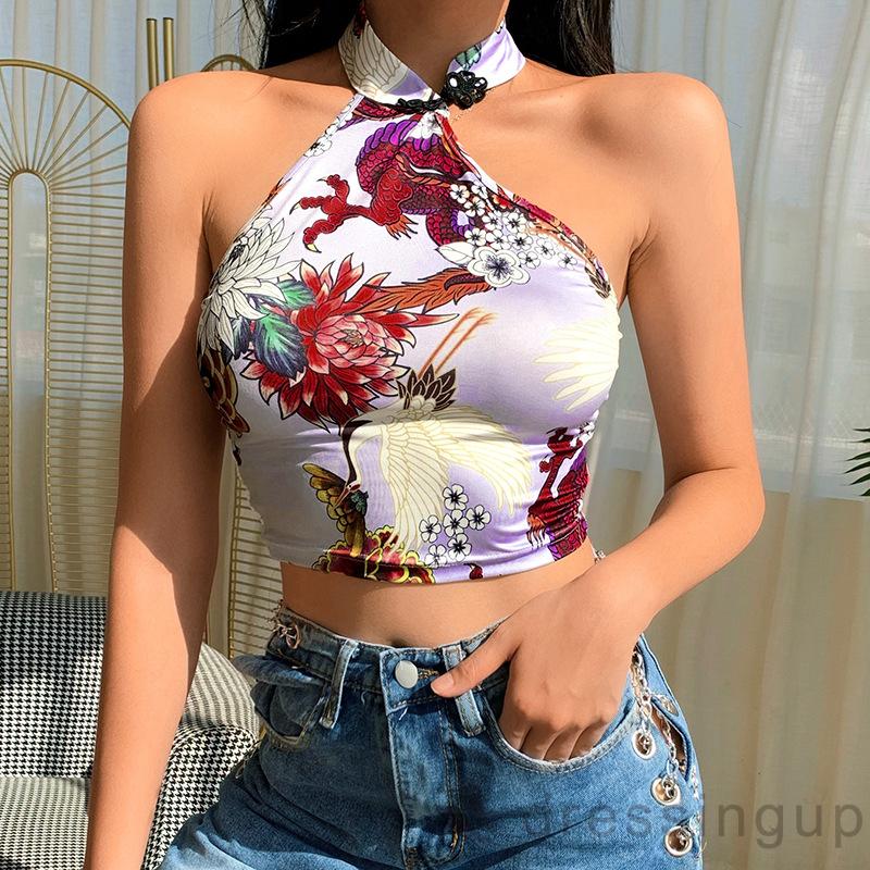 Áo croptop co giãn phong cách retro Trung Hoa gợi cảm cho nữ