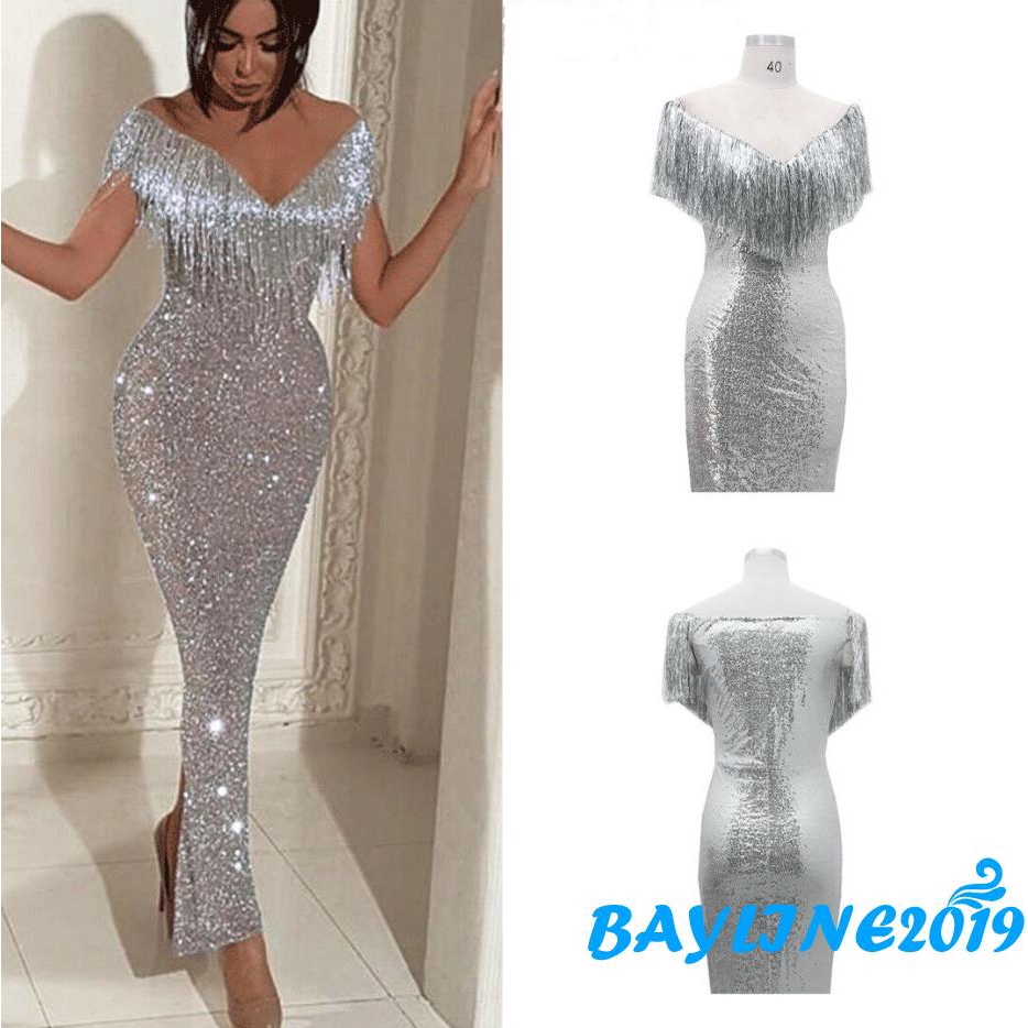 Đầm bó trễ vai cổ chữ V đính kim tuyến lấp lánh phối tua rua sang trọng dành cho nữ