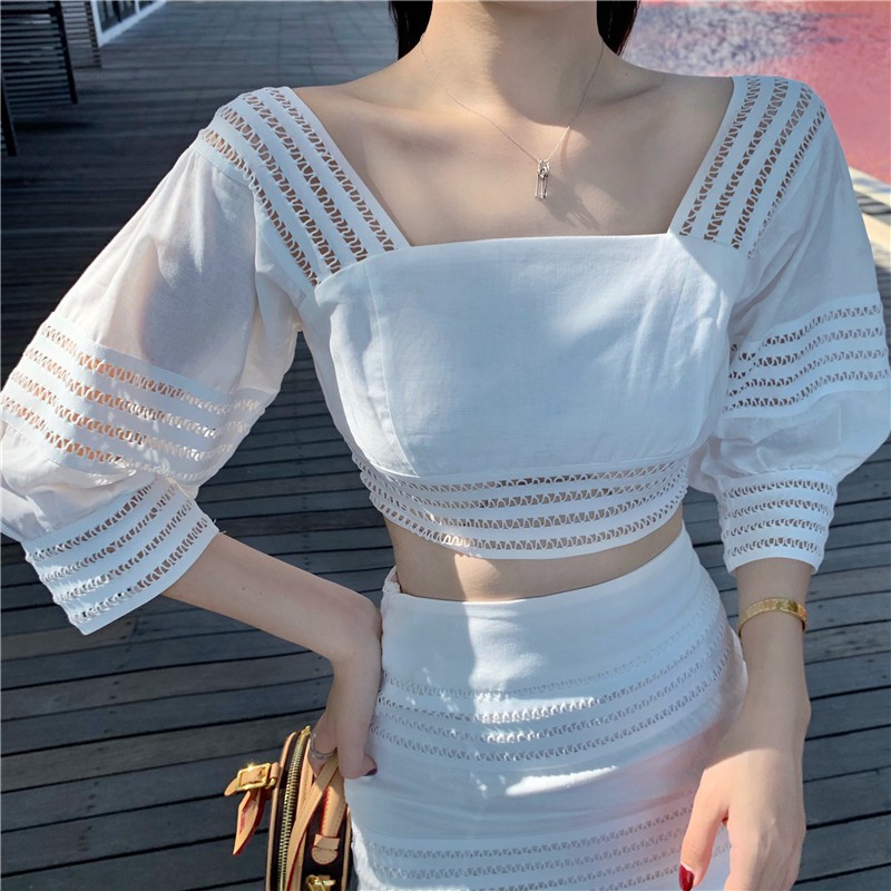 Set váy trắng ren dài nơ sau cực xinh loại 1 kèm video