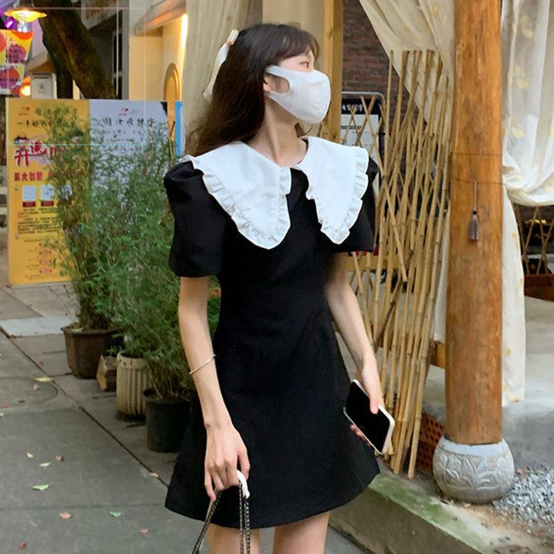 Đầm ngắn cổ búp bê tay phồng màu đen thời trang mùa hè dành cho nữ