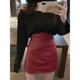 (ORDER - Sẵn Đen L) Chân váy da chữ A kéo khóa cá tính màu đỏ/đen