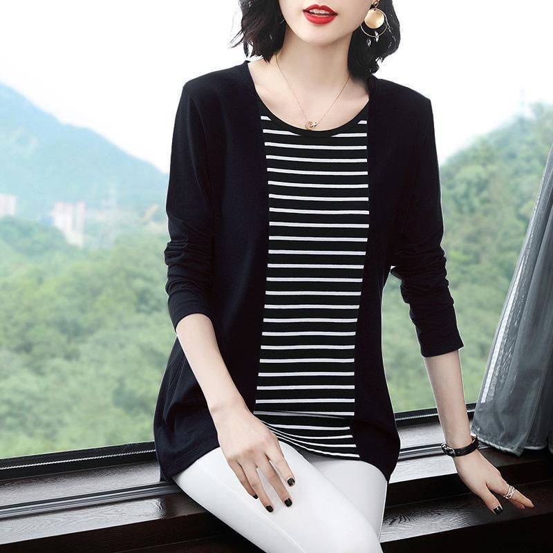 Áo Thun Tay Dài Plus Size Họa Tiết Kẻ Sọc Dành Cho Phụ Nữ Trung Niên