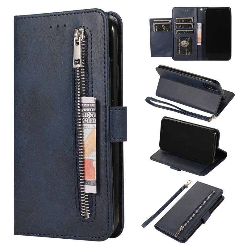 Từ Dây Kéo Ví Flip Case Cho iPhone 11 12 13 14 Pro Max X XR XS 7 8 Plus Vỏ Da Sang Trọng Kinh Doanh 5 Thẻ Khe Đứng Bìa Sách