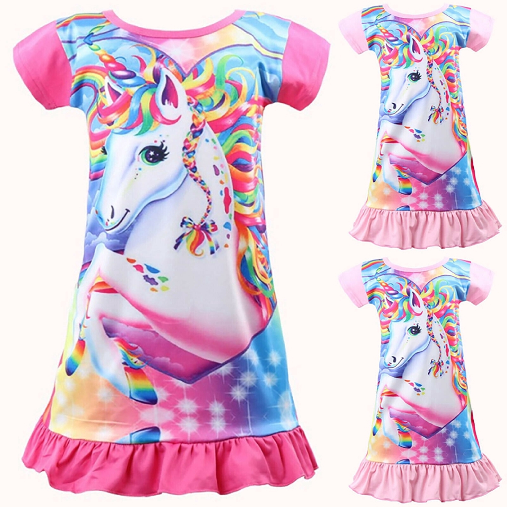 Kids Girl Unicorn Tunic Sleepwear Pajamas Nightwear T-shirt Skirt Casual Dress