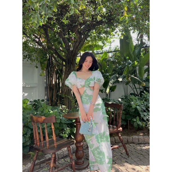 Đầm maxi loang tay phồng hồng cam xanh