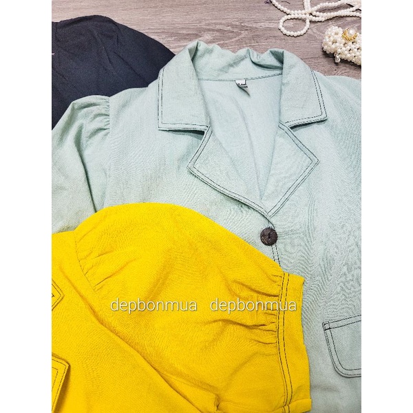 Áo sơmi croptop cổ vest viền chỉ nổi